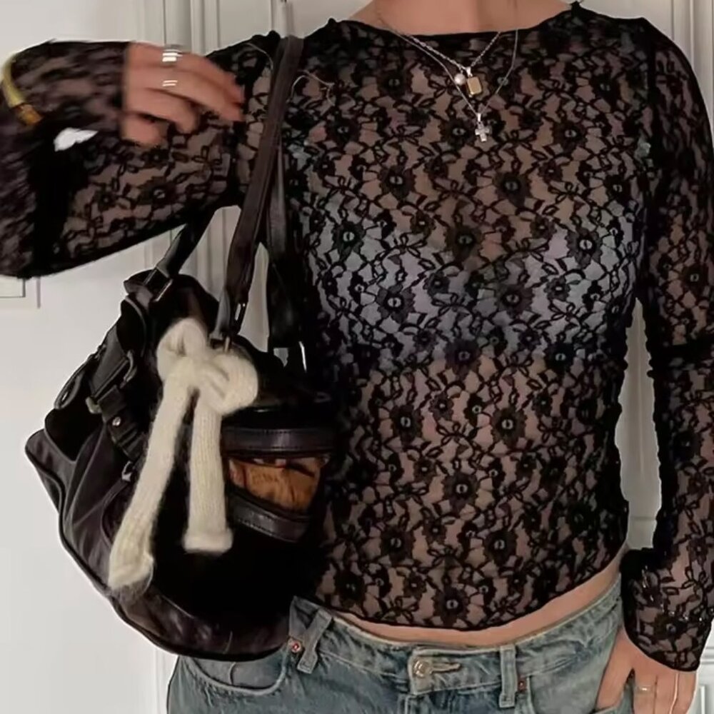 Black Floral Motif Sheer Long-Sleeved Top